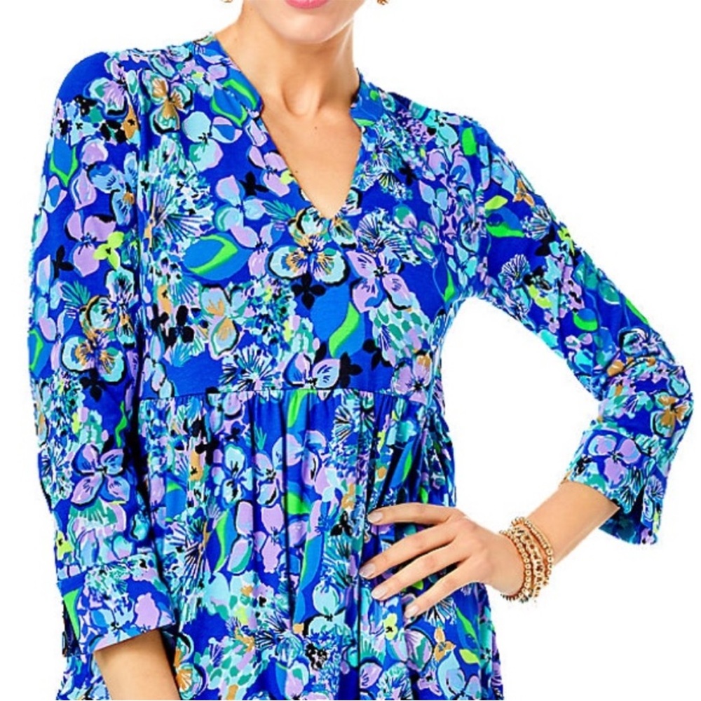 đź’™Lilly Pulitzer Alaina 3/4 Sleeve Tiered Swing Dress Blue Grotto Twilight Tropic - Picture 3 of 15